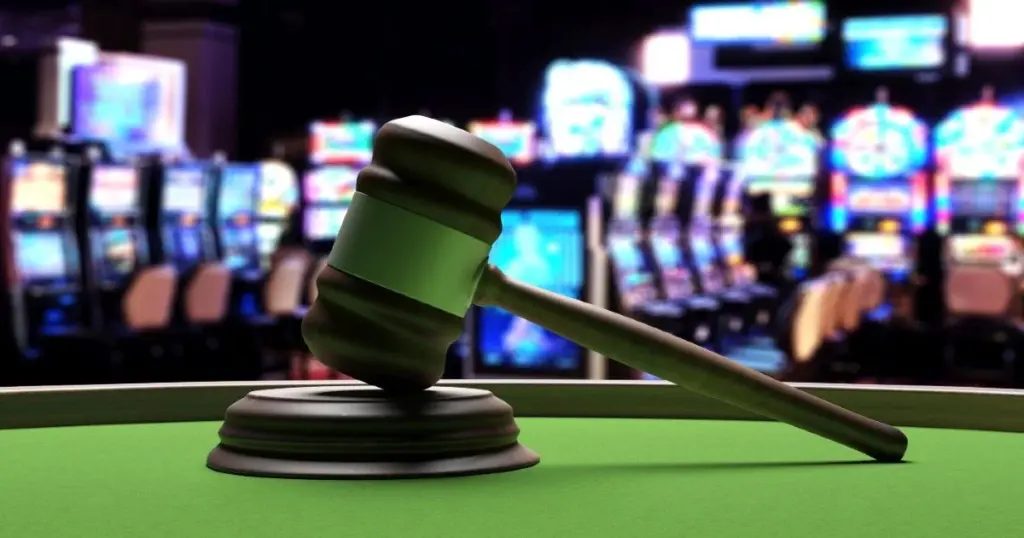 salle de jeux casino en arrière plan avec un marteau d'un juge pour indiquer un jugement pour indiquer casino légal