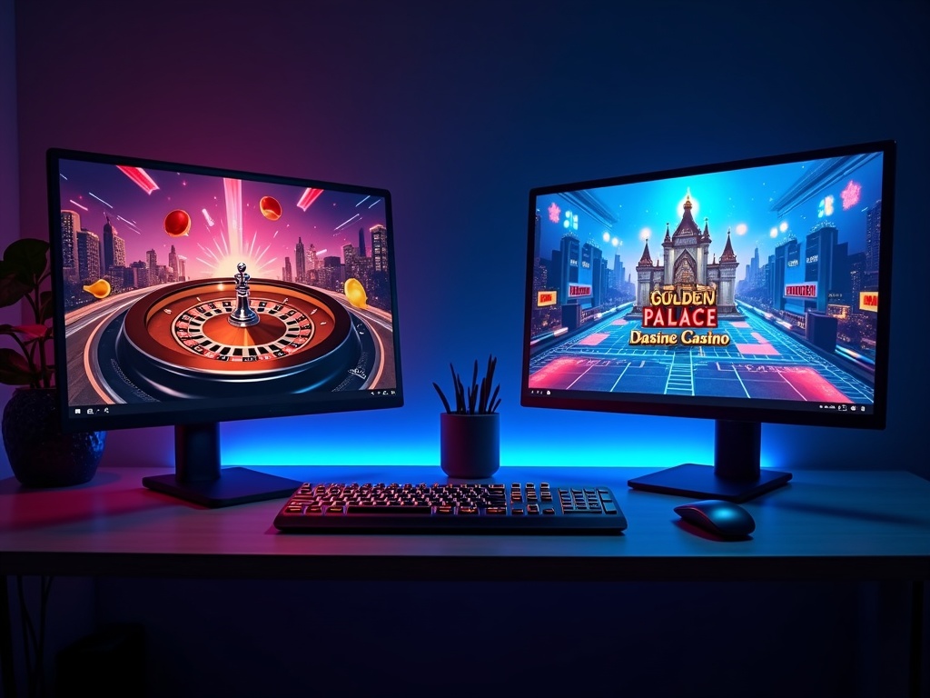 Un écran d'ordinateur affiche deux logos côte à côte, représentant les plateformes de jeu Golden Palace Casino et Betfirst