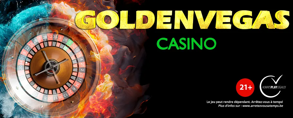 Golden Vegas Casino avec une roulette de casino entourée de flammes et de glace, symbole d’adrénaline et de divertissement en ligne