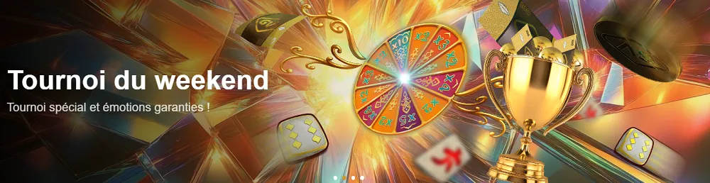 Tournoi du weekend sur Golden Vegas Casino avec roue de gains, trophée doré et dés illustrant l’adrénaline des compétitions