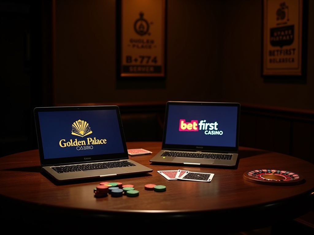 Deux personnes discutent autour d'une table, comparant les offres de Golden Palace Casino et Betfirst sur leurs écrans d'ordinateur.